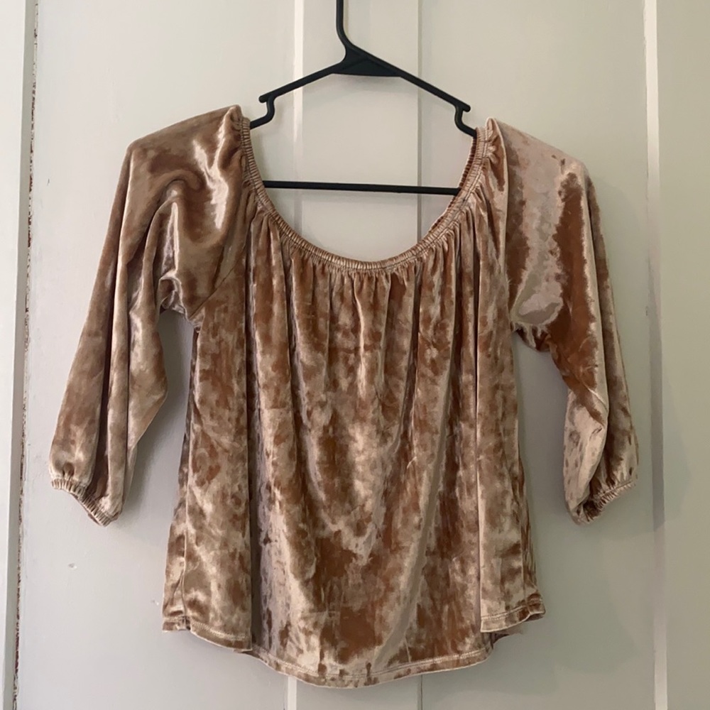 Tan colored velvet off the shoulder blouse